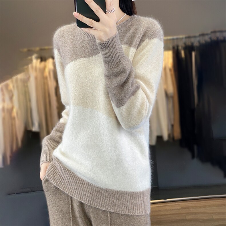羊范拉绒系列~100毛衣女圆领宽松慵懒风拼色打底文艺风上衣,女装羊毛衫,犀桦羊绒