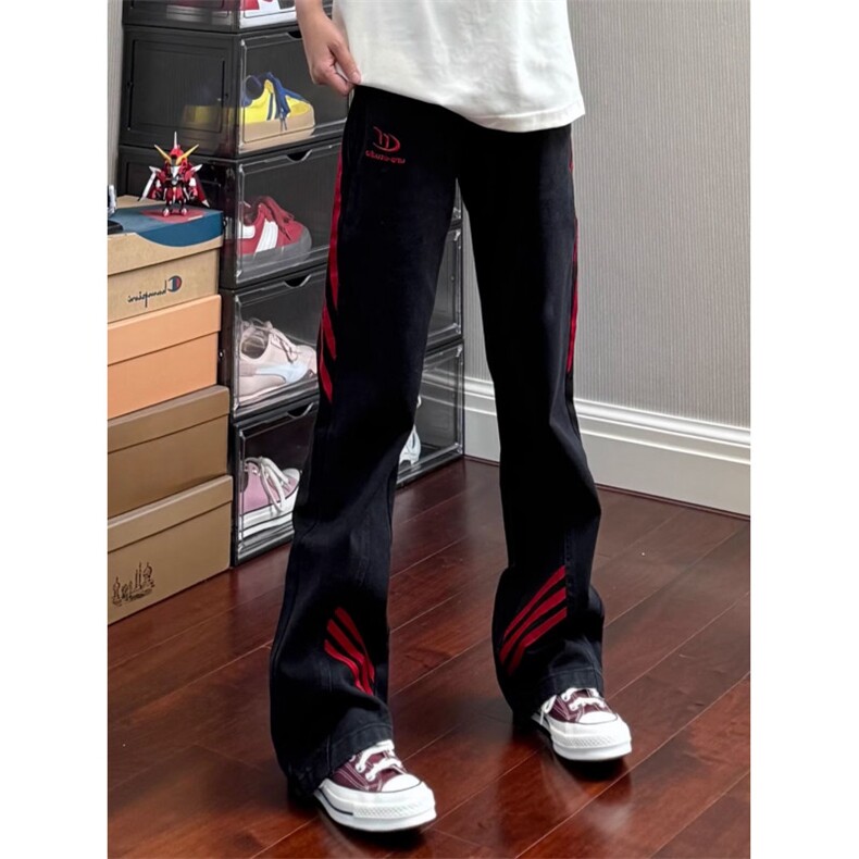 26@斜杠三条纹红黑撞色拼接休闲长裤子直筒牛仔裤K71306-P36网图，男装牛仔裤，电商B245