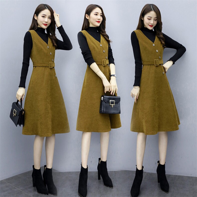 冬装新款时尚毛呢背心裙两件套（配腰带）舒适修身气质优雅，女装套装/套裙，岚衣(原川流布茜）