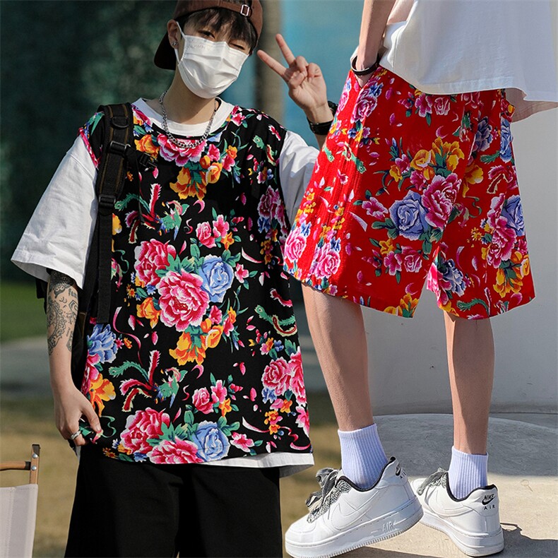 TZ04东北大花坎肩无袖背心马甲短裤套装大码风民族特色汉服潮图片