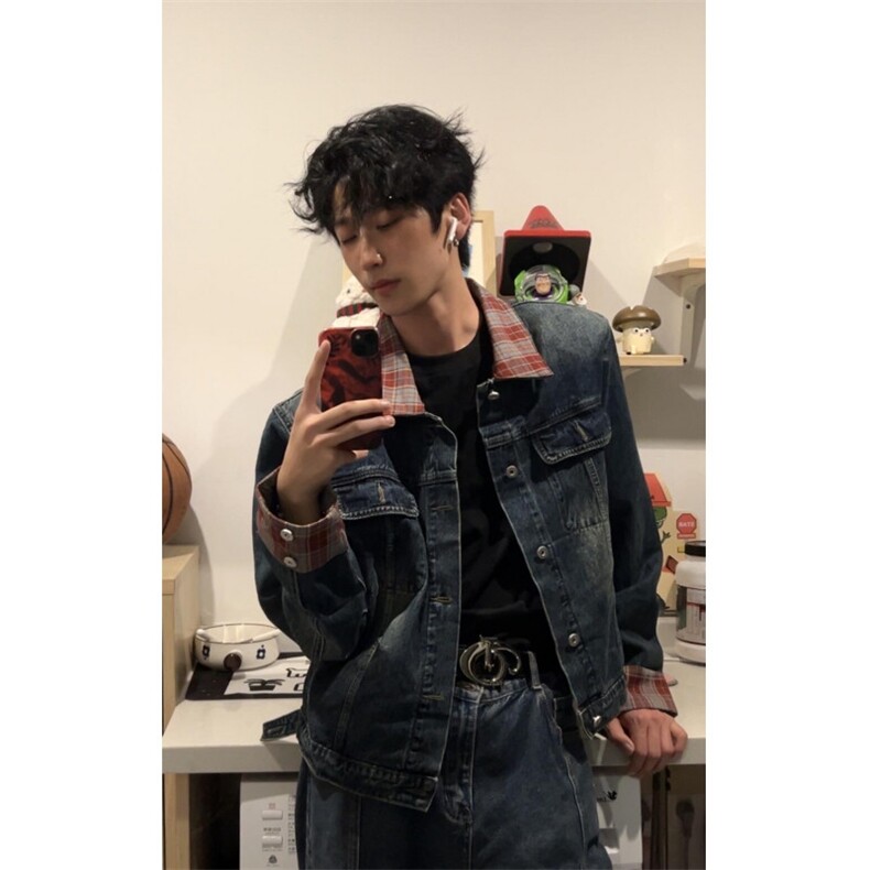 【有货】格子拼接牛仔外套男女设计感美式短款夹克J63LL-特P75,男装夹克,星座1007（原301D）