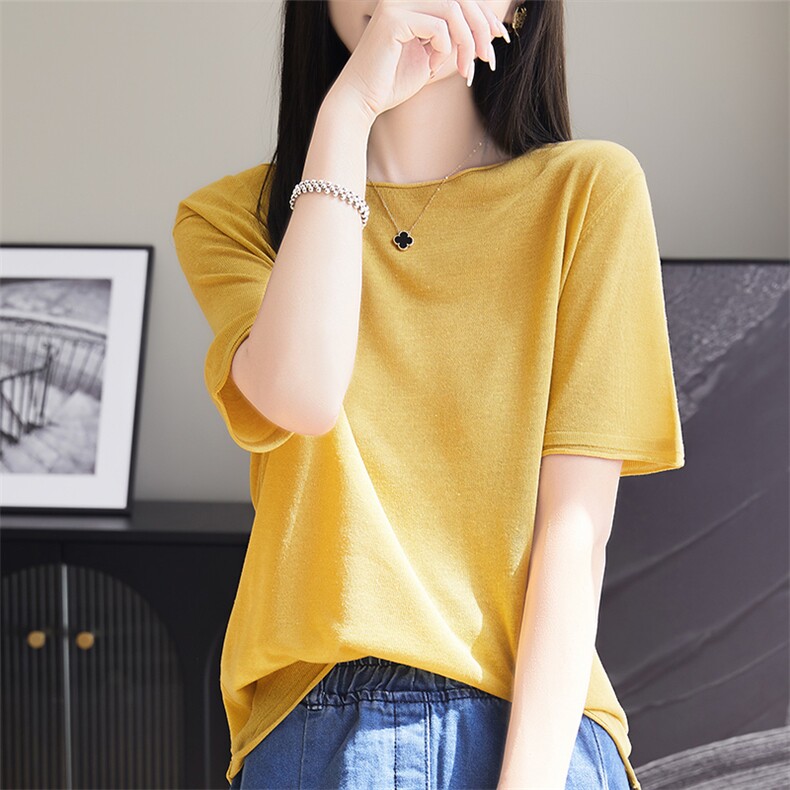 2025年秋季短袖时尚百搭通勤简约休闲亚麻卷边圆领，女装T恤，朝思羊绒