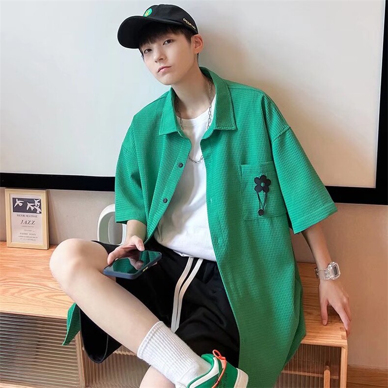 港风ins个性格短袖衬衫男垂感小众五分裤套装工装衬衣TZ0562-P58,男装休闲套装,星座308B-1