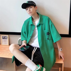 港风ins个性格短袖衬衫男垂感小众五分裤套装工装衬衣TZ0562-P58图片