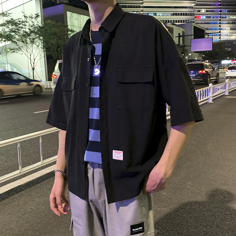 204-CS05-P45  有视频 日系oversize 宽松纯色衬衫潮男韩版五分袖图片