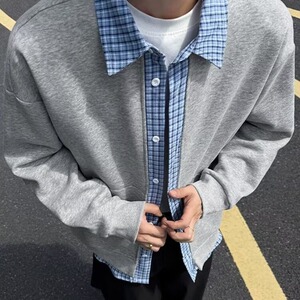 假两件格子拼接外套男新款美式卫衣开衫夹克AA90-P43图片