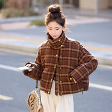 小香风红色格子短款羽绒服女2024冬季新款小个子立领白鸭绒面包服，女装羽绒服，意芙