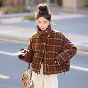 小香风红色格子短款羽绒服女2024冬季新款小个子立领白鸭绒面包服图片