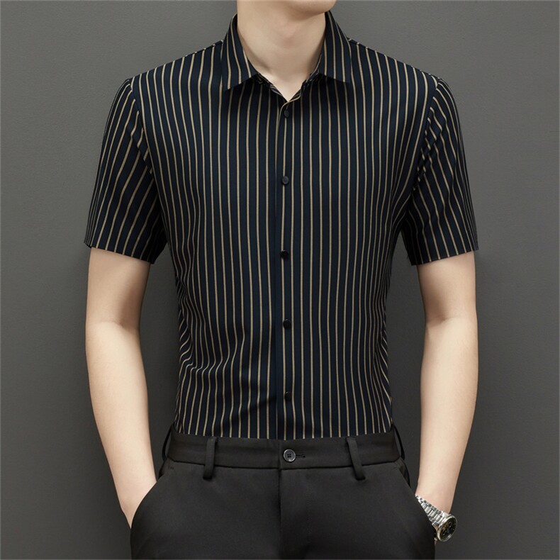 新款男士休闲条纹时尚免烫短袖衬衫商务上衣修身男装CK8602-P78,男装衬衫,星座1105-3