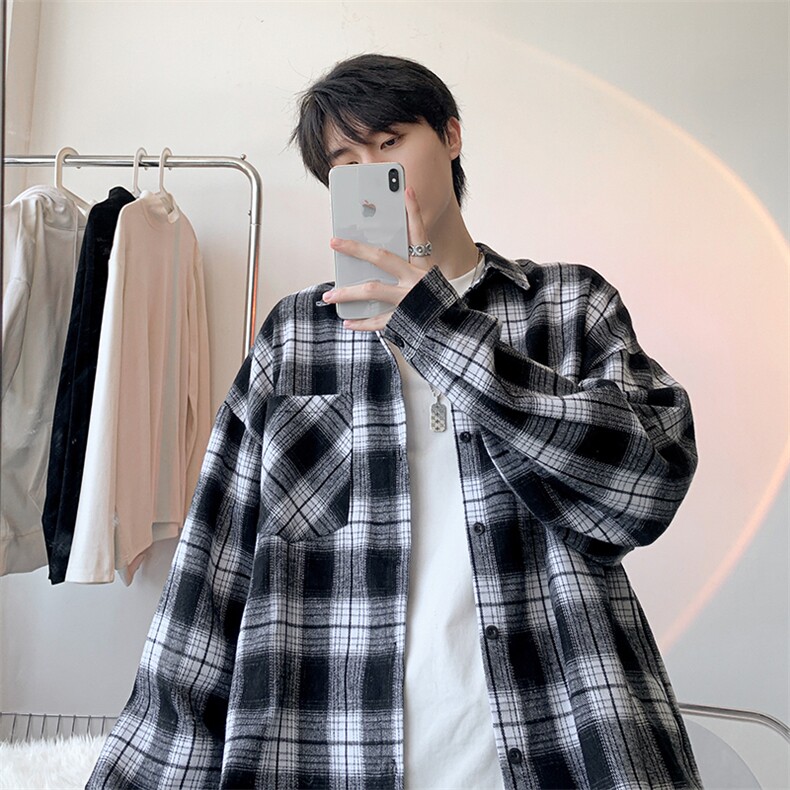 衬衫男春季新款港风宽松大码磨毛格子长袖衬衣CS6638-特P29,男装衬衫,星座214-3