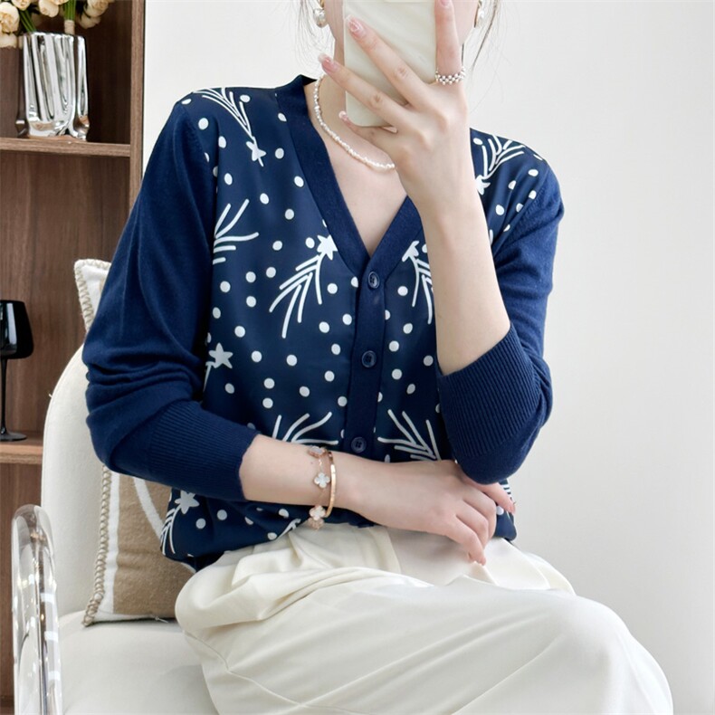 时尚波点羊毛衫女V领修身显瘦百搭开衫外套,女装羊毛衫,宛庄羊绒