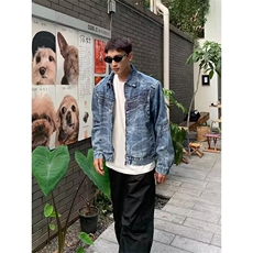 美式复古水洗扎染牛仔外套男春秋高街潮牌痞帅喷漆设计感机车夹克，男装工装外套，星座601-1