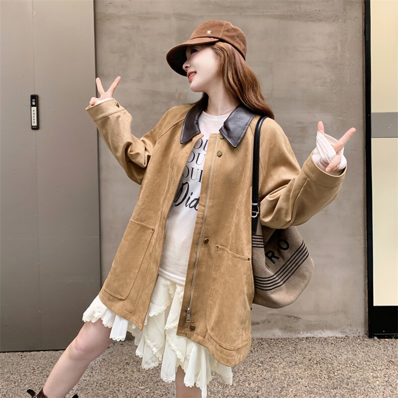 减龄拼皮翻领麂皮绒短外套女春秋2025新款小个子夹克上衣流行爆款,女装风衣,1D103