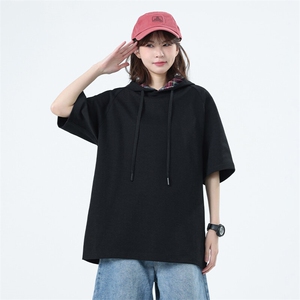 T8932-P42 M-6XL大码美式重磅连帽纯棉五分袖男女同款短袖T恤图片
