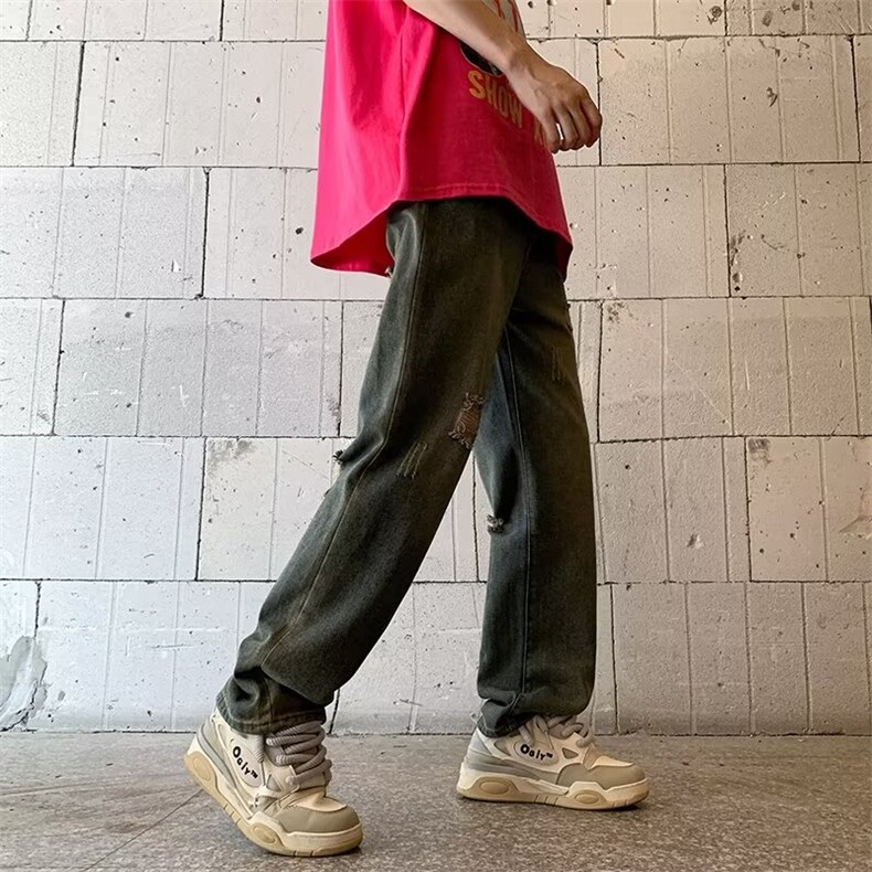 破洞做旧牛仔裤子男美式复古宽松直筒裤高街痞帅阔腿裤N3017-P40,男装牛仔裤,星座1008