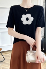 洋气减龄菊花冰丝短袖针织衫女夏季薄款圆领T恤宽松显瘦真丝上衣，女装羊毛衫，朝辰羊绒