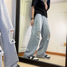 新款男女高街破洞宽直筒个性潮牌牛仔裤长裤子NZ689批45控68，男装牛仔裤，星座715