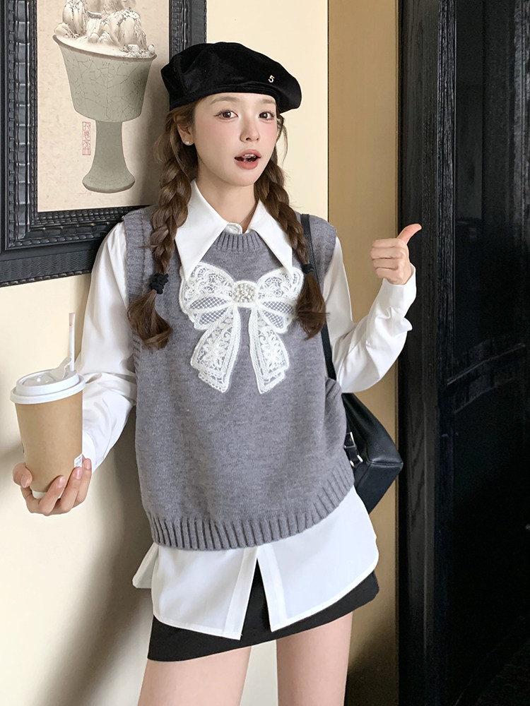 灰色蝴蝶结针织马甲套装2025新款女春季学院风气质衬衫马夹两件套,女装马甲,维壹