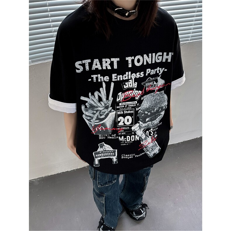 主推美式手绘印花复古情侣短袖T恤宽松中性上衣男女H938P30，男装T恤，电商A341