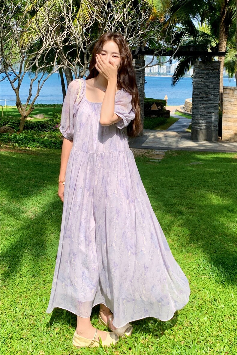 紫色纯欲风碎花显瘦连衣裙女2025夏季新款海边度假风超好看长裙子,女装连衣裙,2C159