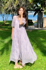 紫色纯欲风碎花显瘦连衣裙女2025夏季新款海边度假风超好看长裙子，女装连衣裙，2C159