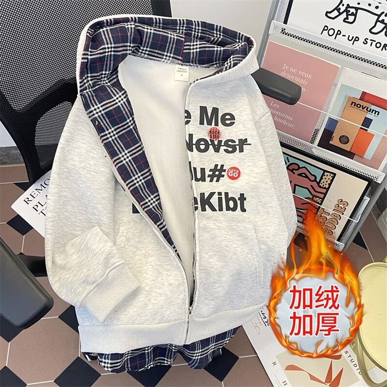 2025春秋美式复古宽松潮牌字母印花连帽加绒拉链开衫卫衣外套男,男装卫衣,星座506B