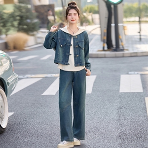 卫衣休闲牛仔套装女春装2025年新款时尚超火减龄洋气阔腿裤三件套图片
