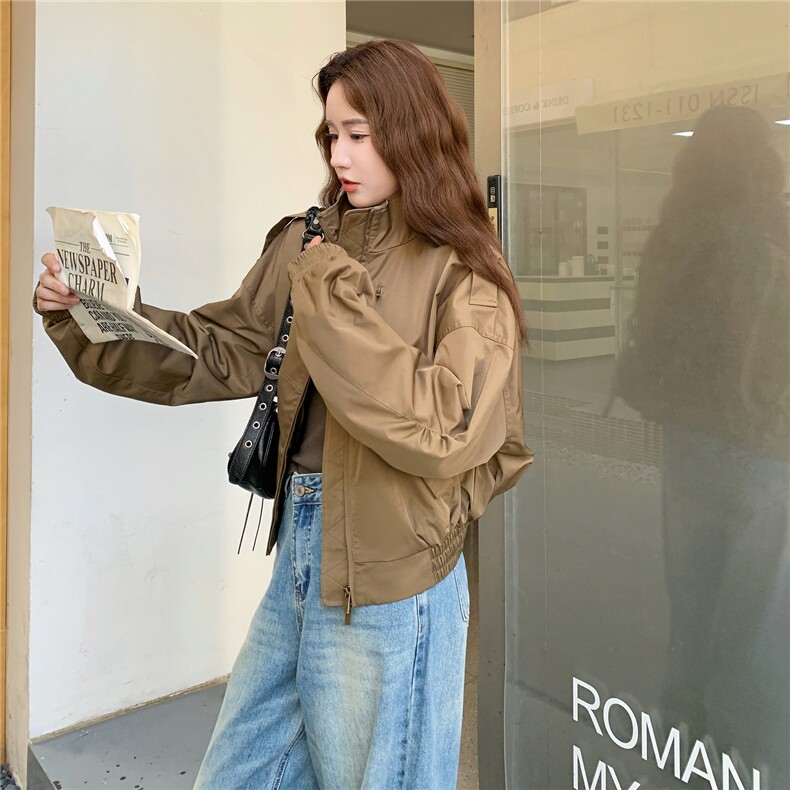 美式复古短款机车风工装夹克外套女2025秋季新款立领设计感上衣,女装短外套,红龙果