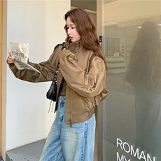美式复古短款机车风工装夹克外套女2025秋季新款立领设计感上衣，女装短外套，红龙果