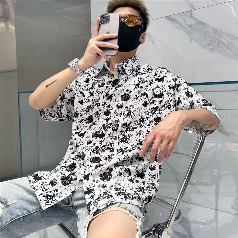 日系ins港风夏季短袖花衬衫男女复古痞帅夏威夷沙滩情侣宽松衬衣图片