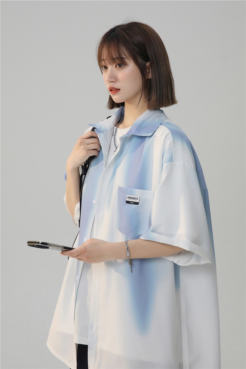 wassuphappy扎染短袖衬衫男夏季薄款潮流高级感青少年休闲衬衣服,男装衬衫,星座230-1