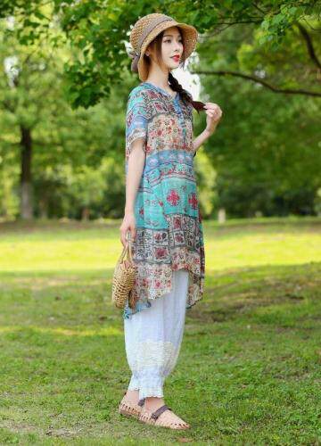 现货2021新款民族风文艺复古印花宽松舒适苎麻短袖中长，女装，美诗欧 Missorly