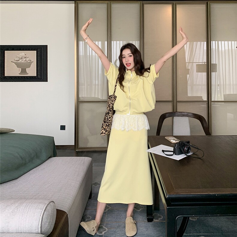 黄色韩版运动风套装裙女2025年夏季新款蕾丝拼接外套半身裙两件套图片