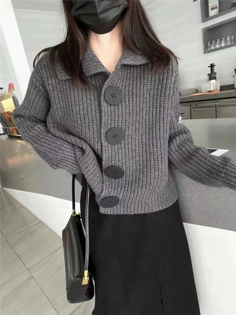 时尚秋季女士宽松简约百搭纯色大扣针织开衫,女装羊毛衫,恒恩羊绒