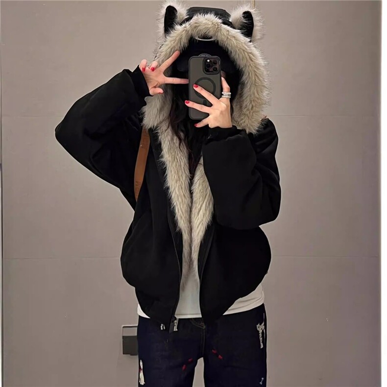 JK542-P95黑色麂皮绒毛领棉服厚座山雕外套,男装棉衣,电商B323A