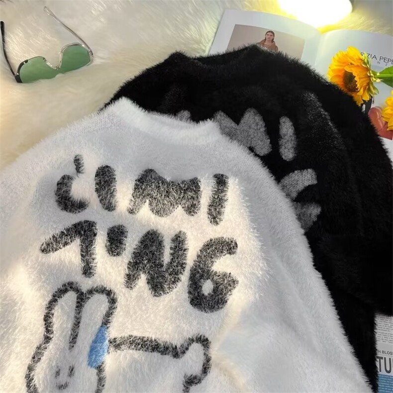 复古水貂绒卡通兔子圆领毛衣男女慵懒风宽松百搭针织TM22P55图片