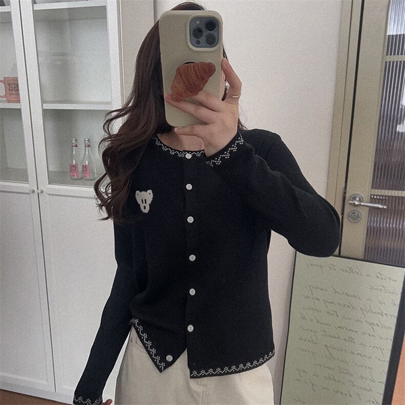 羊范设计感十足~春季新款精纺羊毛针织开衫女士圆领小熊提花外套,针织衫/毛衣,佰米娇羊绒