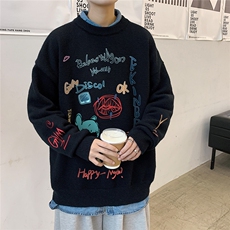 1港风圆领中性情侣潮流大码M-5XL印花加厚毛衣男7696P55加绒P70，男装针织衫/毛衣，星座226-2