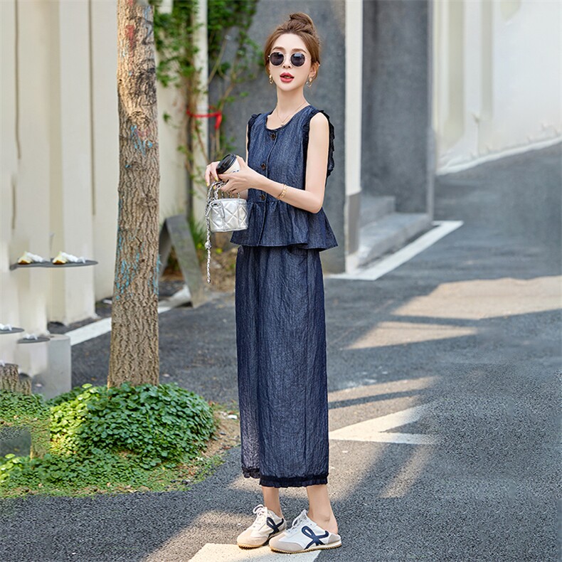 休闲牛仔背心马甲阔腿裤两件套女2025夏新款小个子超好看减龄套装,女装套装/套裙,依如秀(原杭风阁)