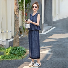 休闲牛仔背心马甲阔腿裤两件套女2025夏新款小个子超好看减龄套装，女装套装/套裙，依如秀(原杭风阁)
