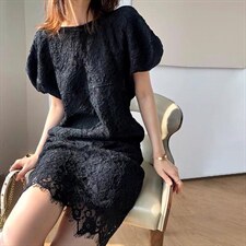 夏季新款别致设计感法式泡泡袖连衣裙，女装连衣裙，L·H·X