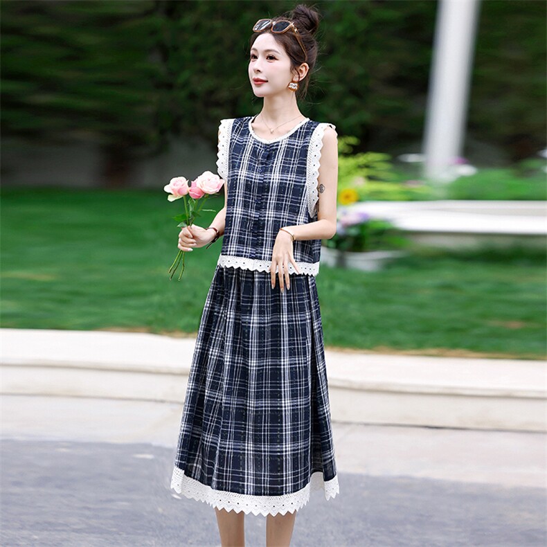 夏季新款小格子花边少女时尚清凉两件套连衣裙,女装套装/套裙,鑫慧