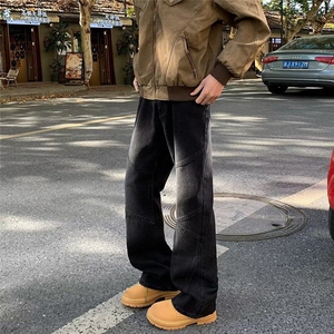 做旧微喇牛仔裤男春秋潮牌复古水洗解构宽松直筒长裤 N7088图片