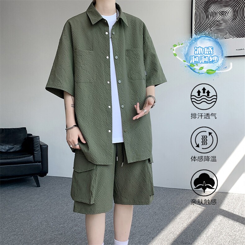 特批P55无差价夏季休闲百搭泡泡纱宽松冰丝两件套套装男TZ5585,男装休闲套装,电商A001