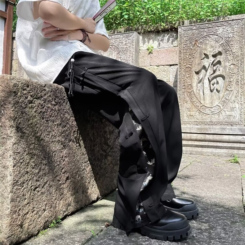 新中式风盘扣冰丝西裤男夏季宽松直筒弹力仿亚麻包边K2832,男装西裤,星座1116A-1（原606A）