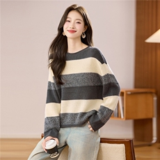 条纹撞色圆领毛衣女2025秋冬宽松慵懒高级感针织衫套头上衣羊毛衫，女装羊毛衫，艾米