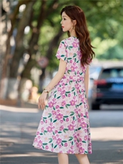 温柔风花卉印花纯棉连衣裙女2026夏薄款短袖气质收腰显瘦减龄裙子，女装连衣裙，倪叶myz