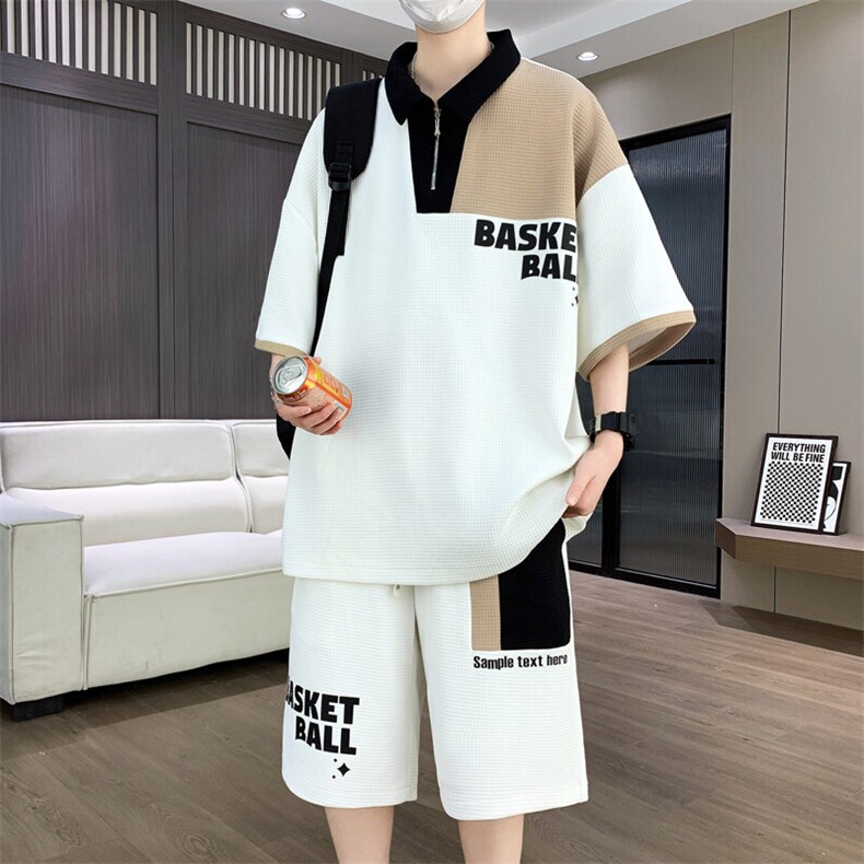 套装男休闲宽松菠萝格冰丝青年翻领短袖T恤短裤两件套-JZ505-P53,男装牛仔裤,星座310B