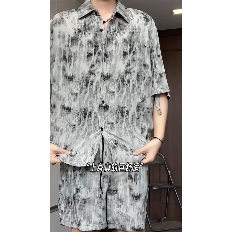 短袖衬衫男+短裤男套装男100%聚酯纤维M-5XL大码TZ78717P50控98,男装牛仔裤,星座226-1