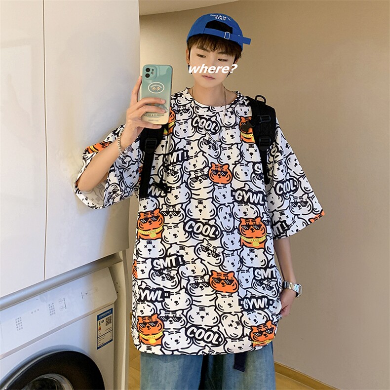 港风华夫格印花松休闲短袖T恤五分半截袖XFT222-P30控48,男装T恤,电商B370